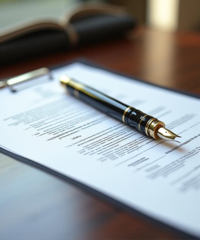 Close up of a professional contract with a golden fountain pen